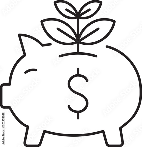 Piggy bank with plant symbolizing savings growth line icon