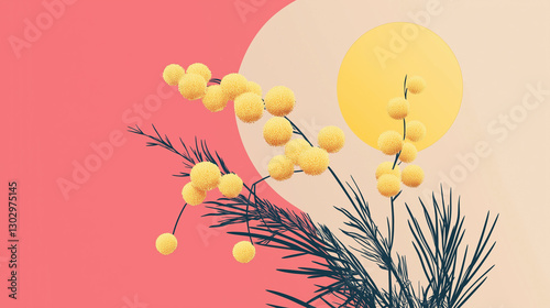 mimosa flowers with a vibrant design in front of a circular sun and abstract background