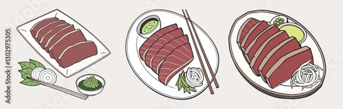 Sashimi Platter:  A diverse selection of sashimi plates, featuring freshly sliced raw tuna arranged with accompanying garnish,  chopsticks and  wasabi.   