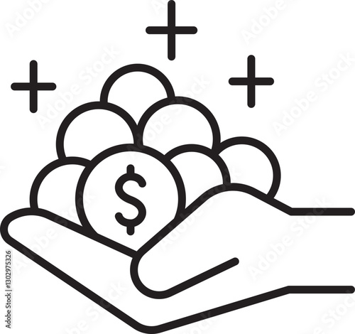 Hand holding coins and wealth symbols line icon
