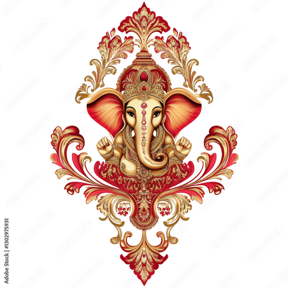 Lord Ganesha in Ornate Design: A majestic depiction of Lord Ganesha, the Hindu god of wisdom and prosperity, adorned in intricate gold and red ornate design. Lord Ganesha in Ornate Design: A majestic depiction of Lord Ganesha, the Hindu god of wisdom and prosperity, adorned in intricate gold and red ornate design.