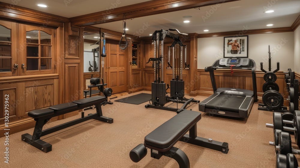 Obraz premium Elegant Home Gym with Modern Equipment and Luxury Wood Finishes