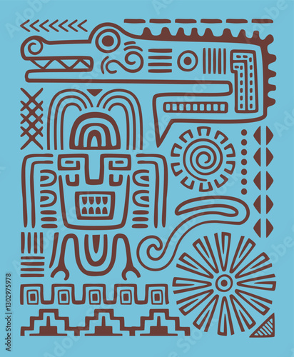 Ethnic poster. Abstract banner with ancient Aztec drawings, traditional tribal ornaments and symbols. Mexican pattern with lines and shapes in Navajo style. Hand drawn flat vector illustration