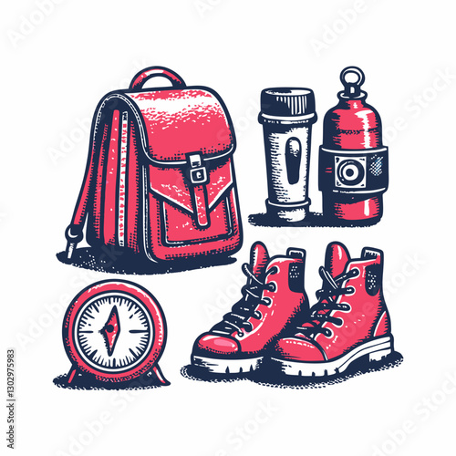 Hand drawn hiking gear collage. Vintage style image on white background. Vector illustration.
