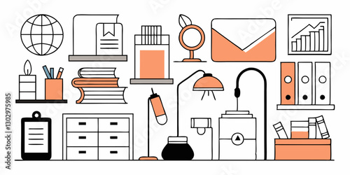 Set of different home offices icons. Linear images isolated on white background. Vector illustration.