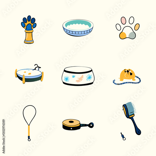 Set of different pet accessories watercolor flat icons.