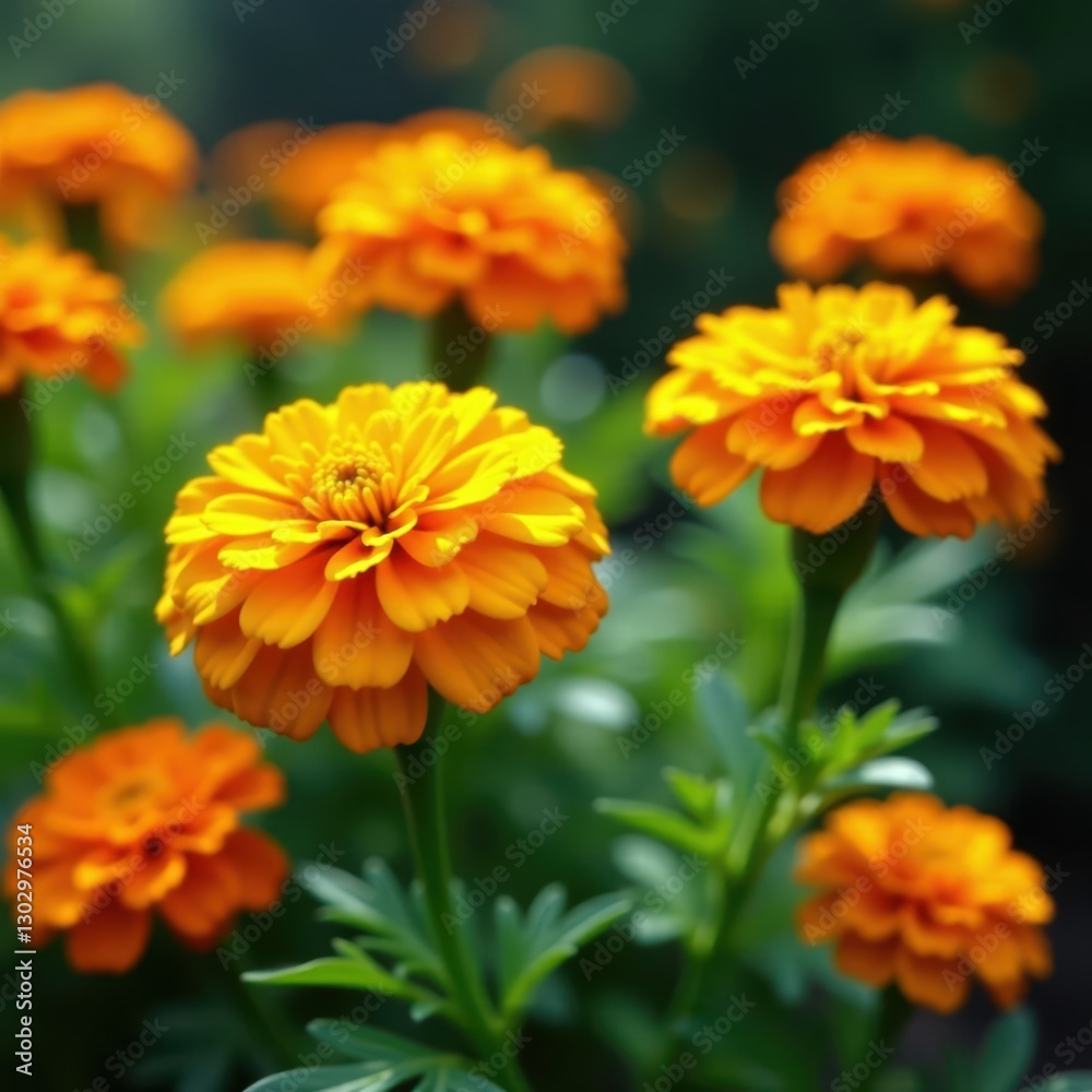 Vibrant marigolds, sunny yellow & orange hues, lush green leaves , floral, photography, gold Vibrant marigolds, sunny yellow & orange hues, lush green leaves , floral, photography, gold