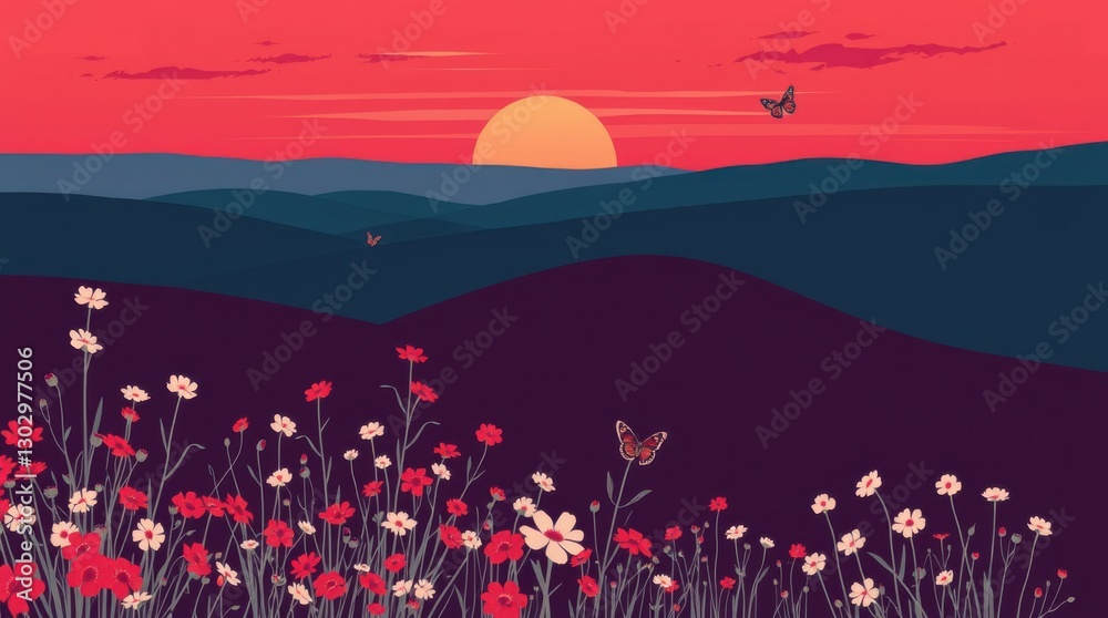 Naklejka premium Floral meadow at sunset with butterflies in flight, stylized illustration of nature, serenity and peace