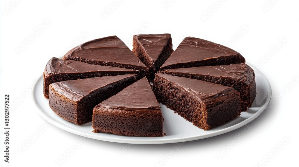 Chocolate Fudge Sliced Cake Isolated Background White Round Plate Chocolate Fudge Sliced Cake Isolated Background White Round Plate