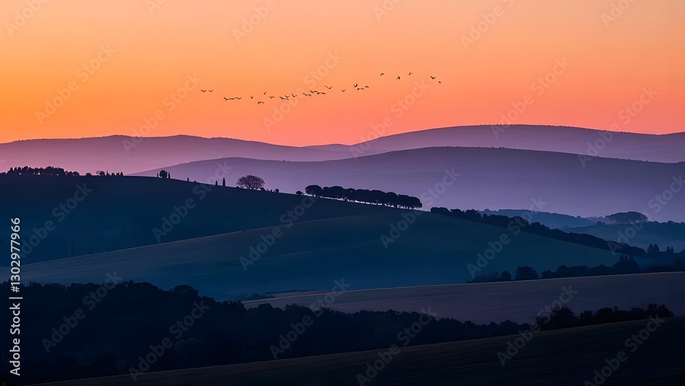 Fototapeta premium a gradient sunset over rolling hills with silhouettes of trees and birds flying across the horizon.