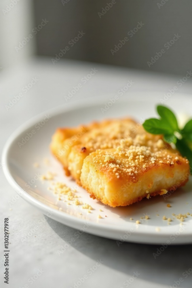 Golden-brown baked squares sprinkled with toasted nuts served on a plate with fresh garnish Golden-brown baked squares sprinkled with toasted nuts served on a plate with fresh garnish
