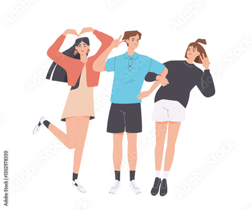 Happy friends posing together. Smiling group of people, colleagues or family standing together, showing different gestures and taking photos. Flat vector illustration isolated on background
