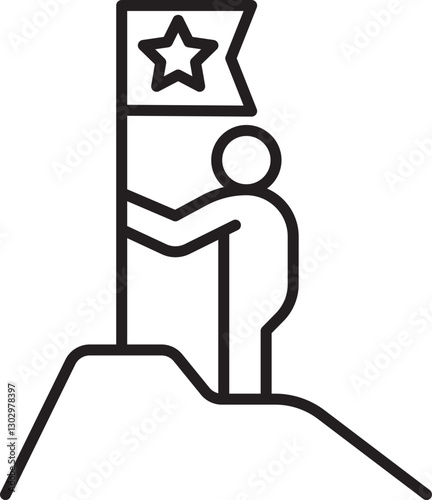 Person planting a flag on a hilltop line icon