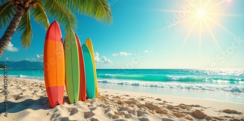 Colorful surfboards by the sandy beach under a sunny summer sky, coastline, water sports