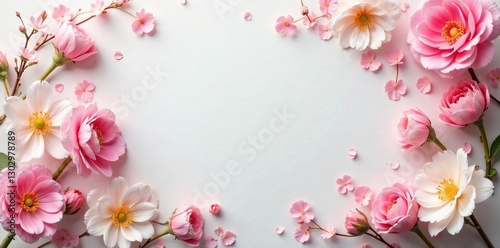 Soft pastel spring flowers overlapping on a delicate floral paper backdrop, flowers, delicate