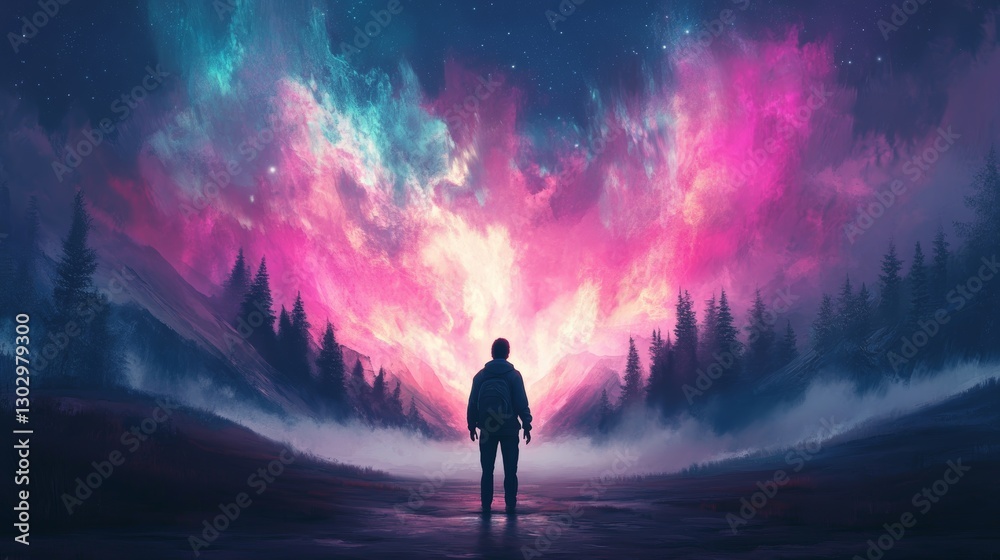 Mystical Aurora: A Solitary Figure Before a Cosmic Landscape