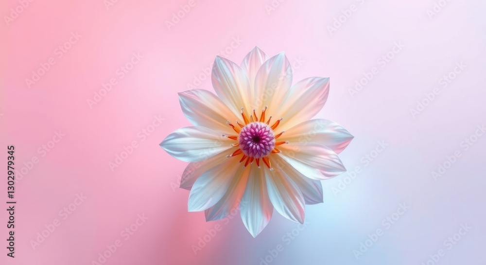 Obraz premium A delicate white flower with a vibrant purple center, set against a softly gradient pastel background.