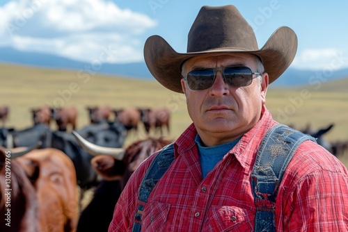 A cowboy herding cattle on horseback, moving them across the dusty plains