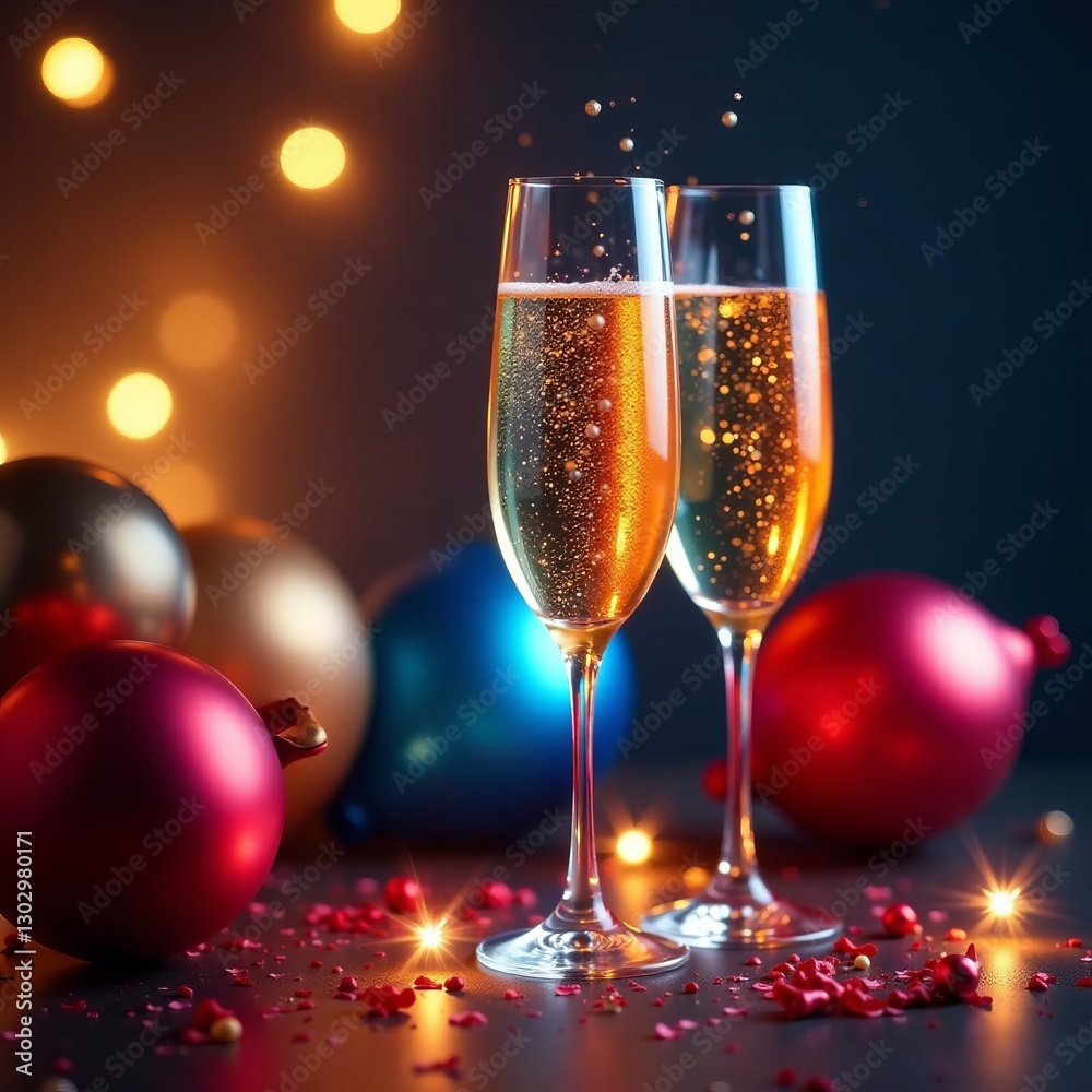 Sparkling champagne glasses and balloons for a New Year's Eve party, festivity, sparkles Sparkling champagne glasses and balloons for a New Year's Eve party, festivity, sparkles