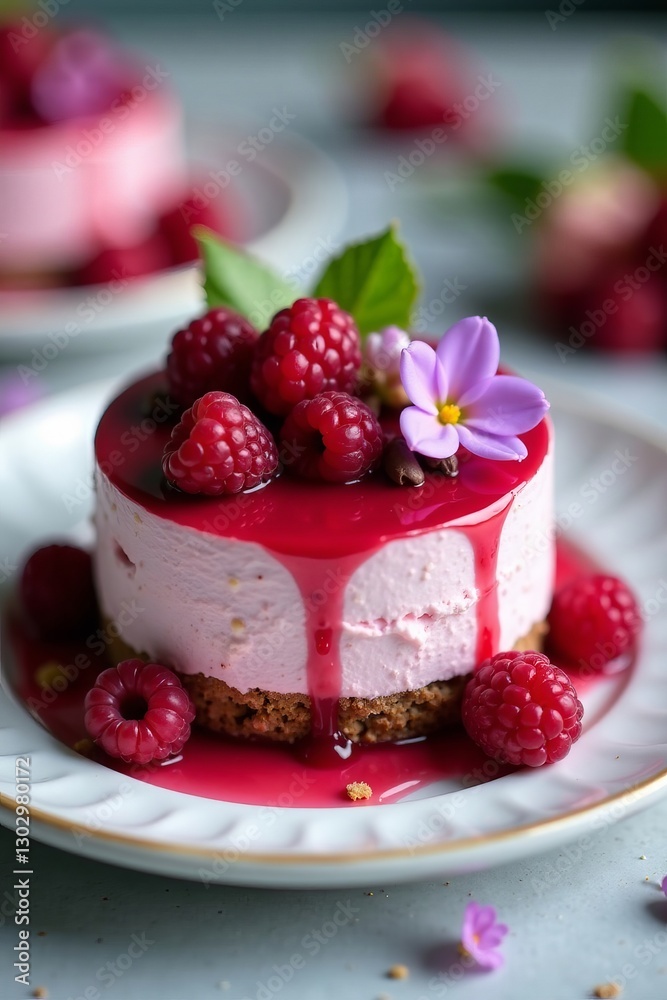 Miniature raspberry forest cheesecake with edible flowers and chocolate, forest, food Miniature raspberry forest cheesecake with edible flowers and chocolate, forest, food