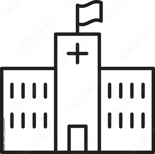 Hospital building with flag and cross symbol line icon
