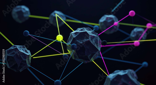 Abstract Network Futuristic 3D Render of Interconnected Geometric Shapes with Neon Lines