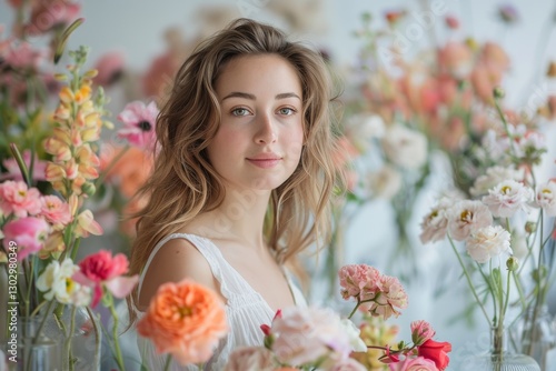 Female florist arranging a seasonal floral composition in natural light photo