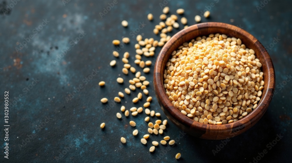 A wooden bowl overflowing with pale yellow split peas, scattered on a dark textured surface. A wooden bowl overflowing with pale yellow split peas, scattered on a dark textured surface.