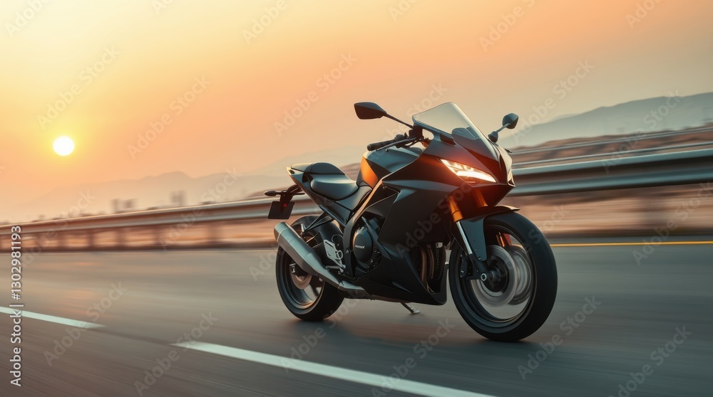 Fototapeta premium Motorcycle speeding on a highway during sunset, showcasing freedom and power against a scenic background.