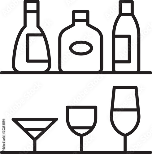 Bottles and glasses on a shelf line icon
