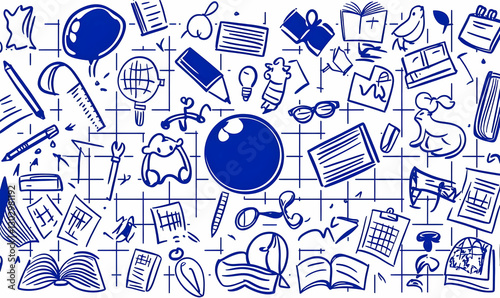 Colorful Sketches of School Supplies and Learning Tools on Blue Background