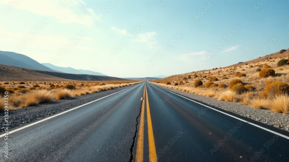 Asphalt ribbon unfurls towards a distant horizon, bordered by sun-kissed shrubbery and rolling hills under a pale sky. Asphalt ribbon unfurls towards a distant horizon, bordered by sun-kissed shrubbery and rolling hills under a pale sky.