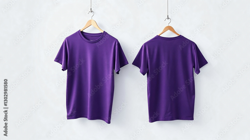 Purple T-Shirts Mockup Front Side and Back Views with round neck branding display logo mock up template isolated on grey background Purple T-Shirts Mockup Front Side and Back Views with round neck branding display logo mock up template isolated on grey background