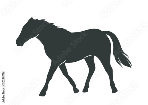 Horse silhouette. Wild noble racehorse walking and grazing. Black or dark icon with fast stallion. Design element for sticker. Flat vector illustration isolated on white background