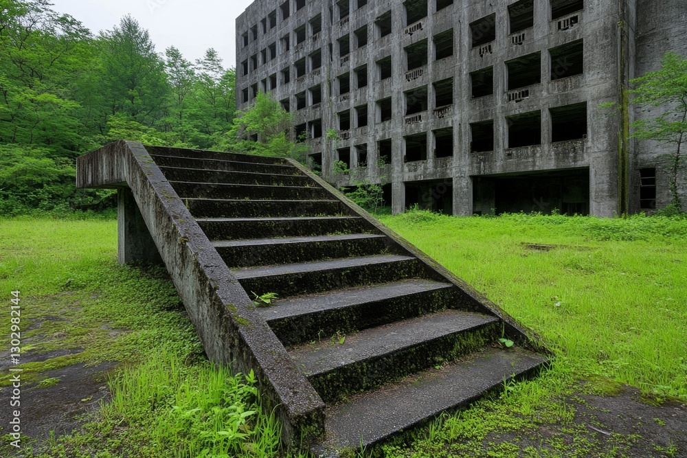A decaying abandoned city with crumbling buildings overtaken by nature A decaying abandoned city with crumbling buildings overtaken by nature