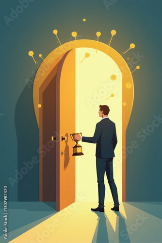 Businessman with Golden Key and Trophy Unlocking Lightbulb-Shaped Door to New Ideas and Creativity