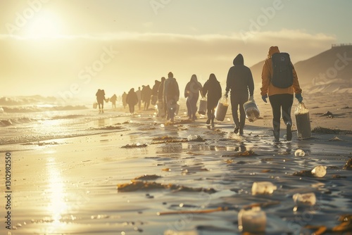 Beach cleanup: volunteer team helping nature for Earth Day photo