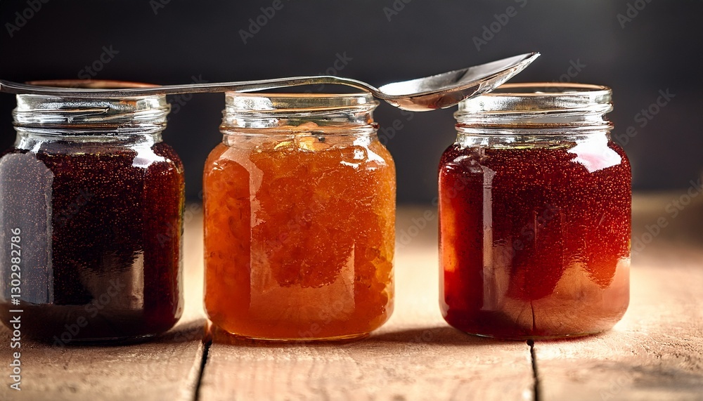 Marmalade in mason jars, with one spoon resting beside them. The jar is filled to the brim and visible from behind. Marmalade in mason jars, with one spoon resting beside them. The jar is filled to the brim and visible from behind.