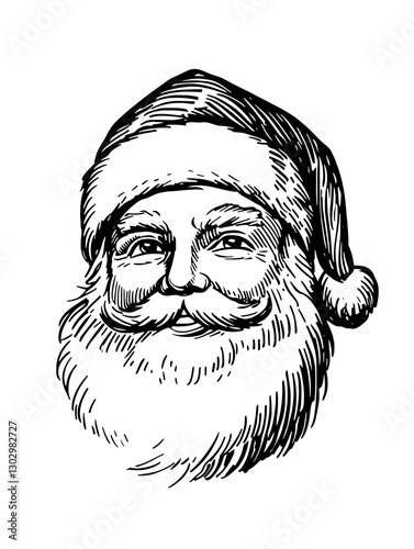 Engraved illustration of a cheerful Santa Claus wearing a classic red hat with a white pom-pom