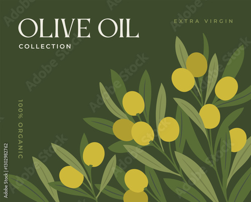 Olive Oil Poster. Label template or packaging and bottle design for extra virgin olive oil. Banner with olive tree branches, olives and text. Organic product. Flat vector illustration