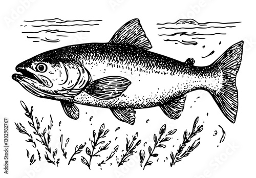 Engraved illustration of a trout swimming in a river with aquatic plants and gentle waves in the background