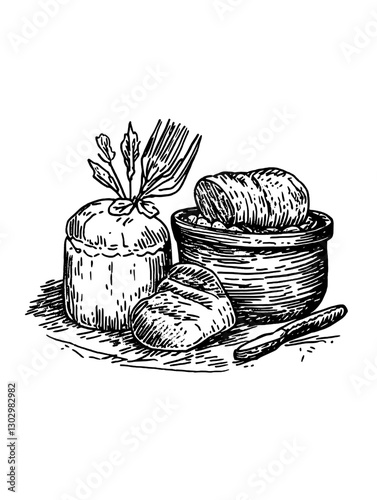 Engraved vector illustration of freshly baked bread with herbs and a bowl in a rustic kitchen setting