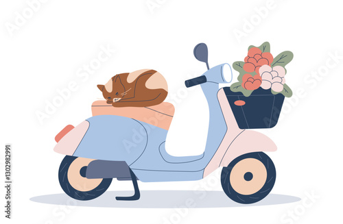 Motorcycle or scooter. Cute fluffy cat lying on seat of bike. Motor transport or vehicle. Scooter with flower basket. Flat vector illustration isolated on background