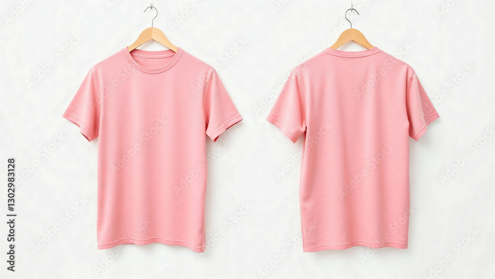 Pink T-Shirts Mockup Front Side and Back Views with round neck branding display logo mock up template isolated on grey background Pink T-Shirts Mockup Front Side and Back Views with round neck branding display logo mock up template isolated on grey background