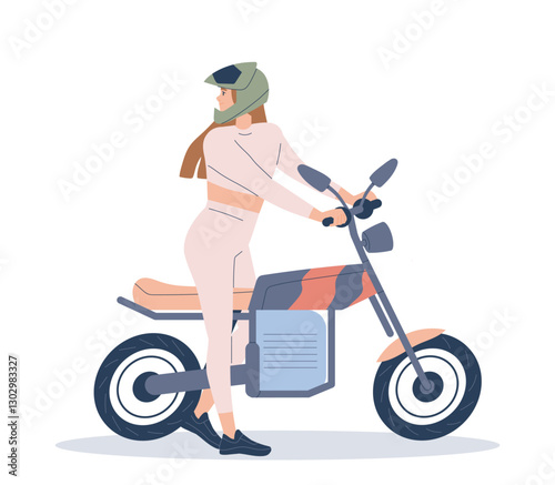Person on motorcycle. Happy girl in protective helmet driving scooter or riding bike. Character on motor transport and vehicle. Flat vector illustration isolated on background