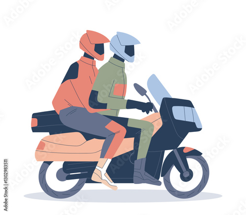 People on motorcycle. Friends in protective helmets ride bike or drive scooter. Hobbies and entertainment. Characters on vehicle. Flat vector illustration isolated on background