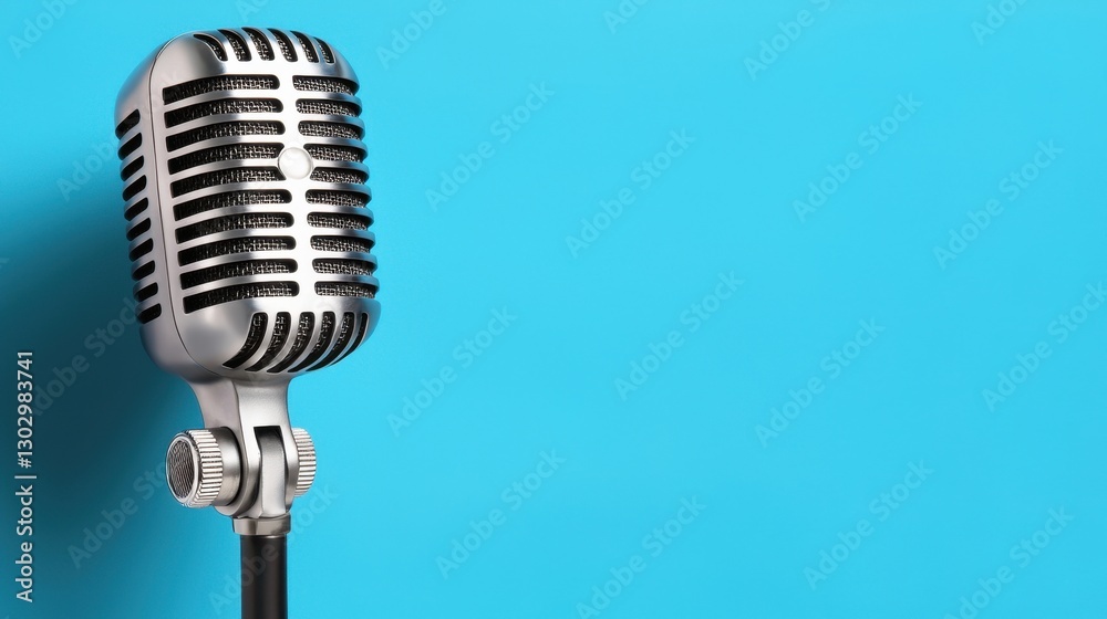Fototapeta premium Microphone on a vibrant blue background, highlighting sound recording equipment and audio gear