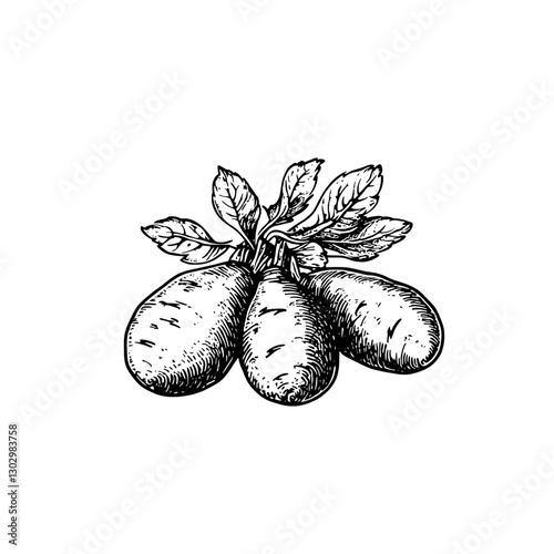 Engraved illustration of fresh radishes with green leaves on a white background representing healthy eating