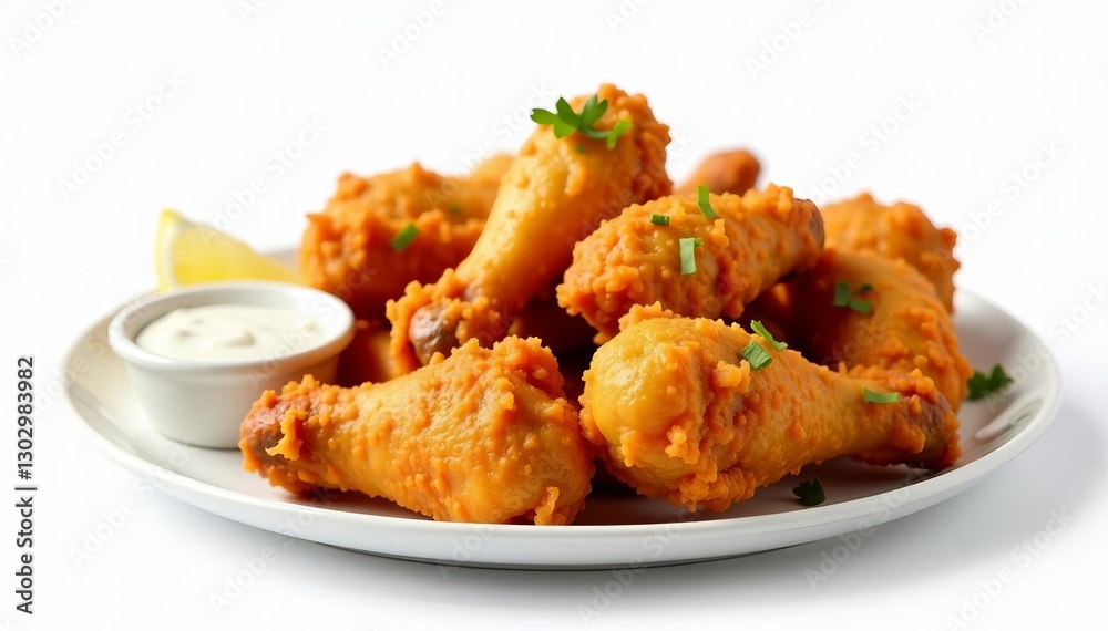 Crispy fried chicken wings and drumsticks on a simple white background, fried, appetizer Crispy fried chicken wings and drumsticks on a simple white background, fried, appetizer