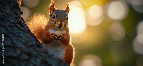 Red Squirrel Eating Nut in Sunlight photo